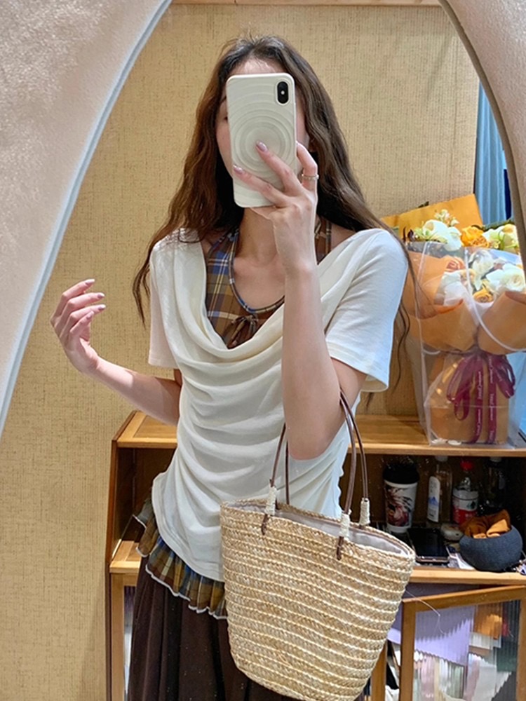 Short sleeve American style small shirt Pseudo-two plaid tops