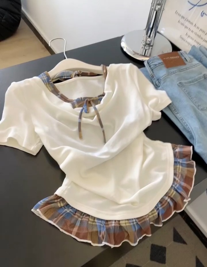 Short sleeve American style small shirt Pseudo-two plaid tops