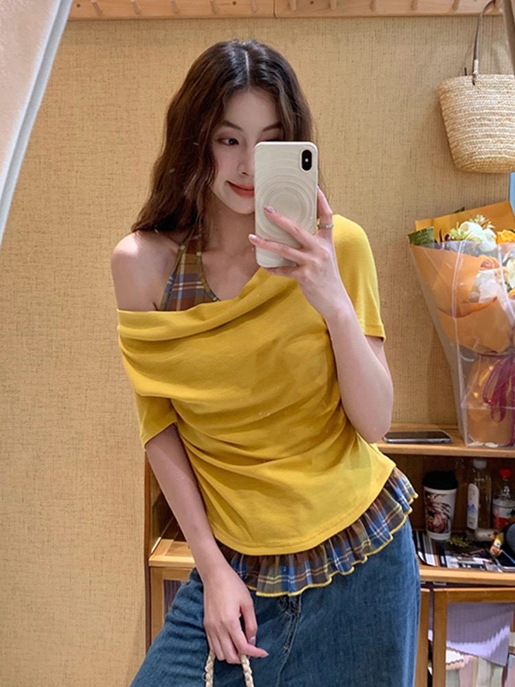 Short sleeve American style small shirt Pseudo-two plaid tops