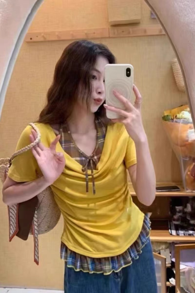 Short sleeve American style small shirt Pseudo-two plaid tops