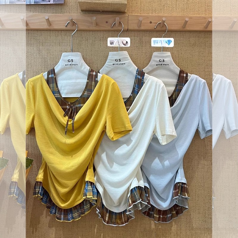 Short sleeve American style small shirt Pseudo-two plaid tops