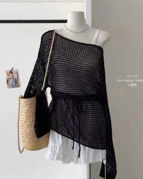 All-match pullover loose lazy tops beige ice silk round neck smock