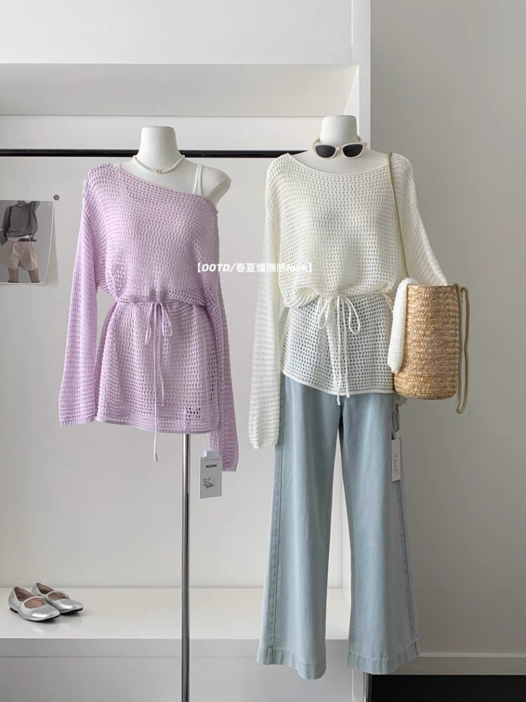 All-match pullover loose lazy tops beige ice silk round neck smock