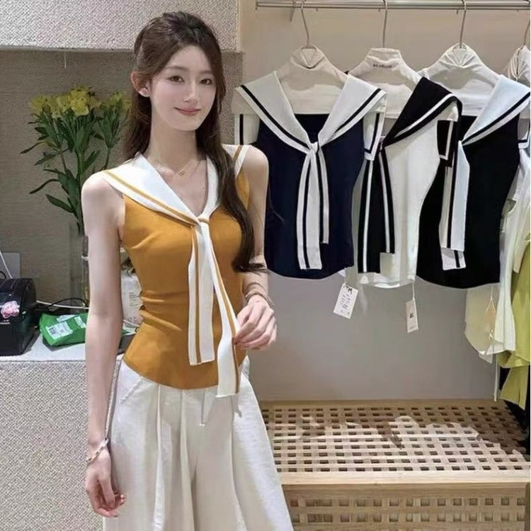 Navy collar sleeveless waistcoat college style sweater