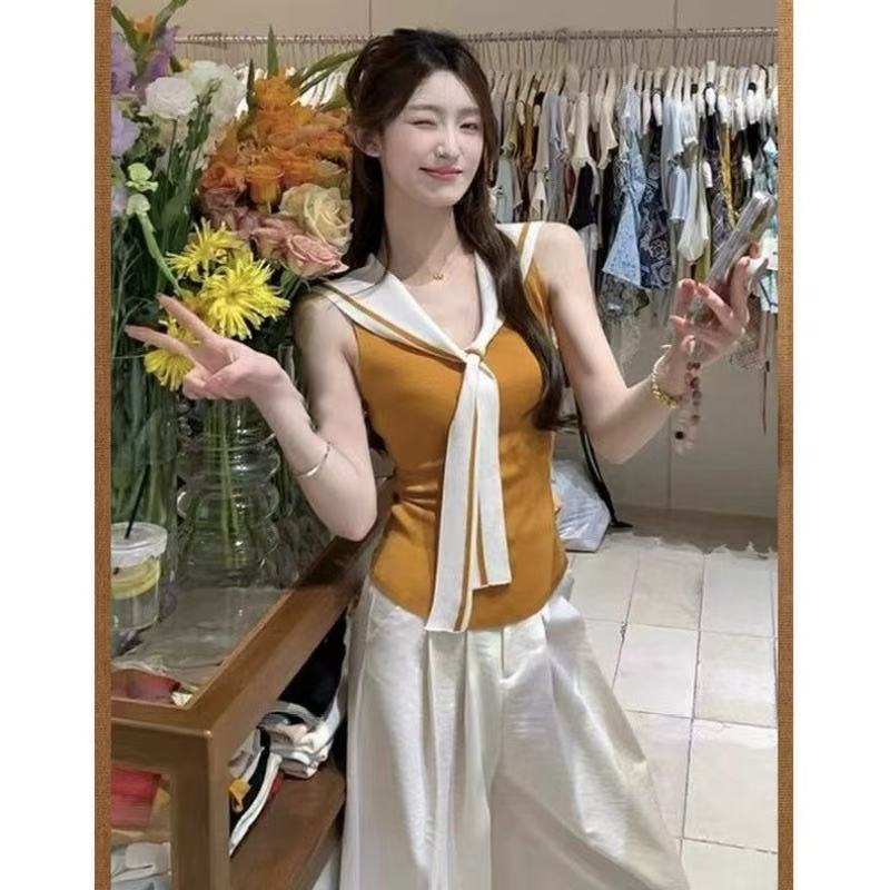 Navy collar sleeveless waistcoat college style sweater