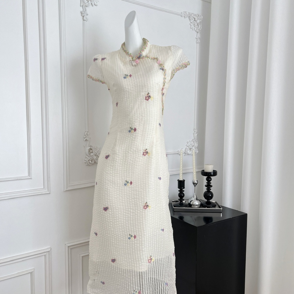 Vertical stripes flowers dress Chinese style summer cheongsam