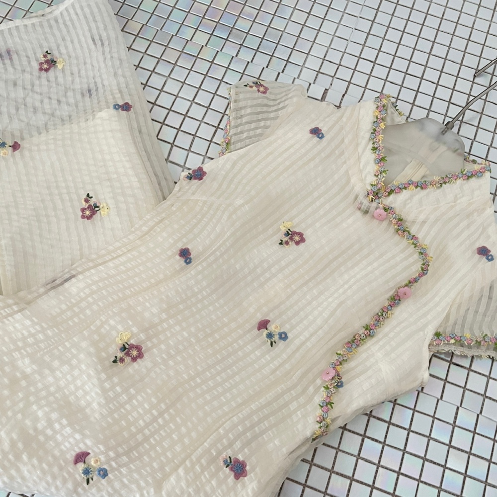 Vertical stripes flowers dress Chinese style summer cheongsam
