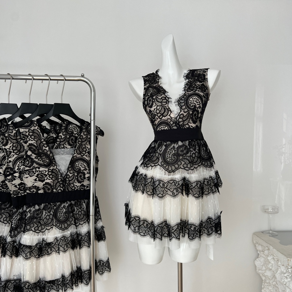 Gauze lace elegant T-back splice white dress