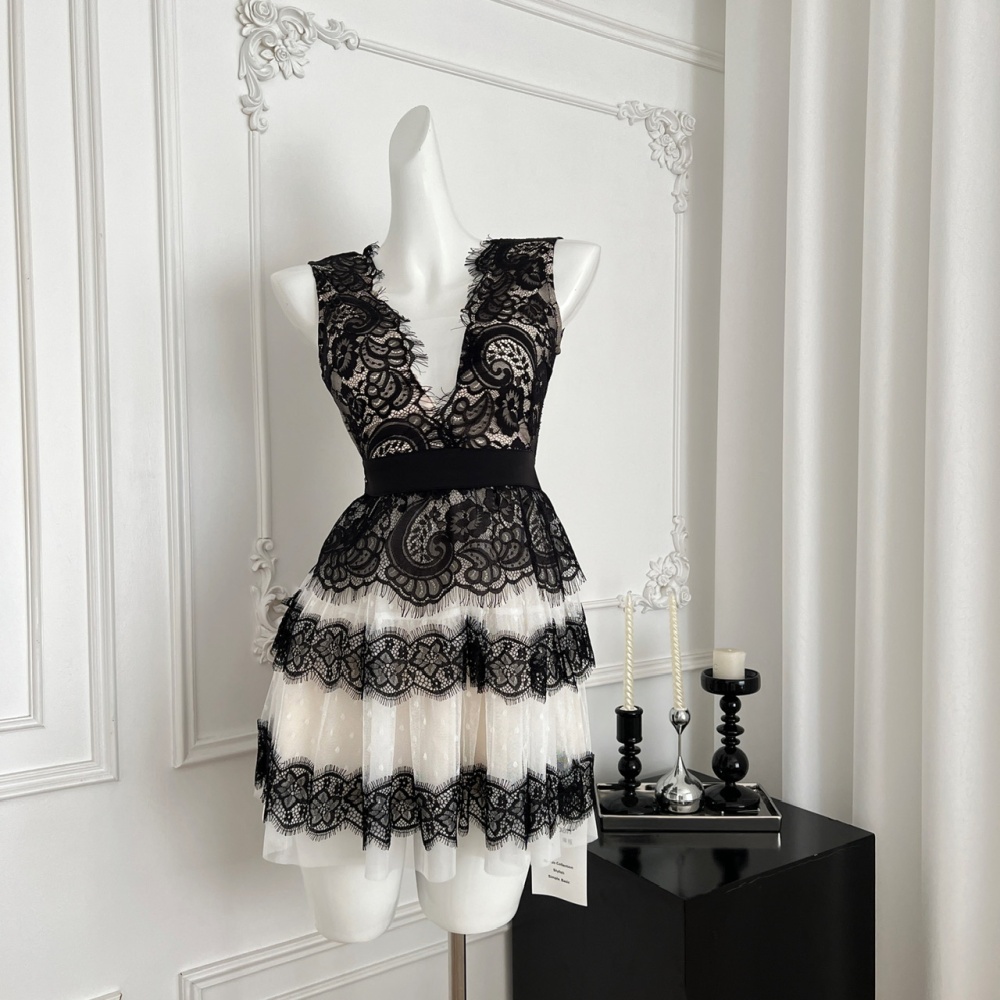 Gauze lace elegant T-back splice white dress