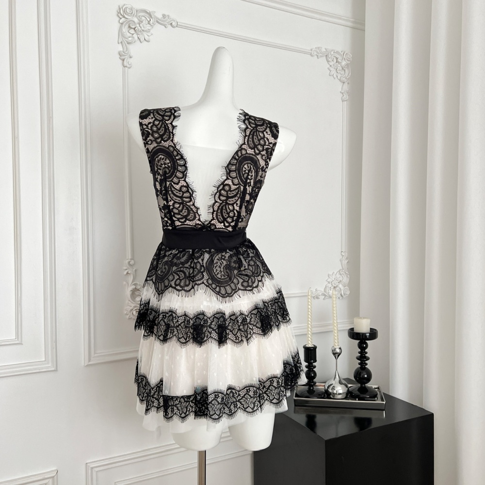 Gauze lace elegant T-back splice white dress