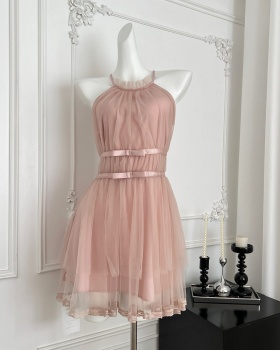 Bow irregular hem dress pink halter T-back
