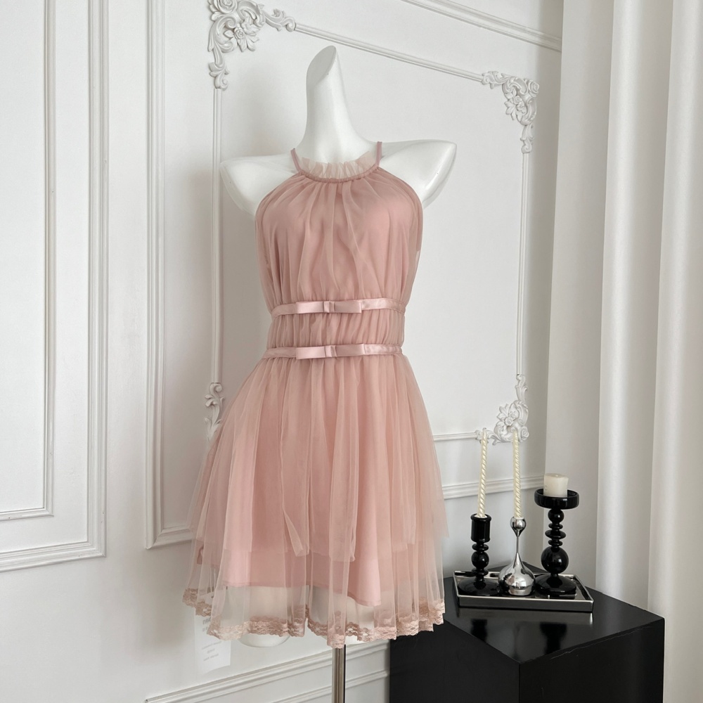 Bow irregular hem dress pink halter T-back