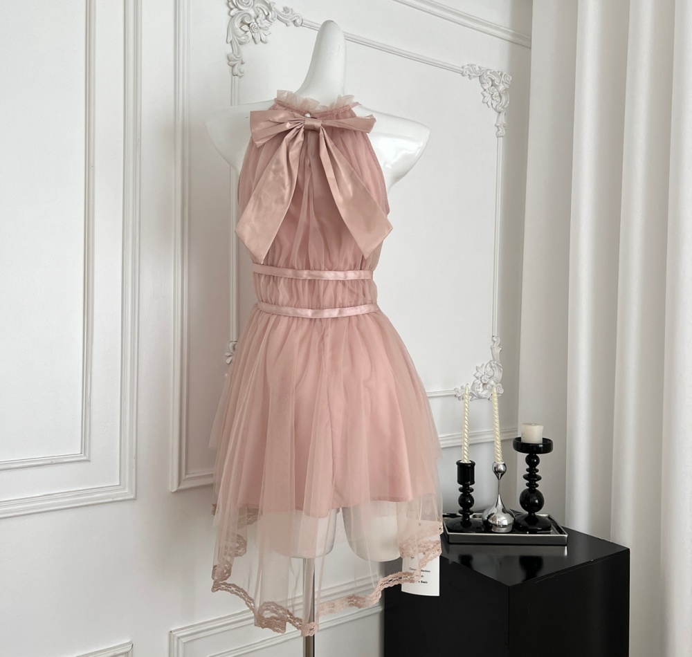 Bow irregular hem dress pink halter T-back