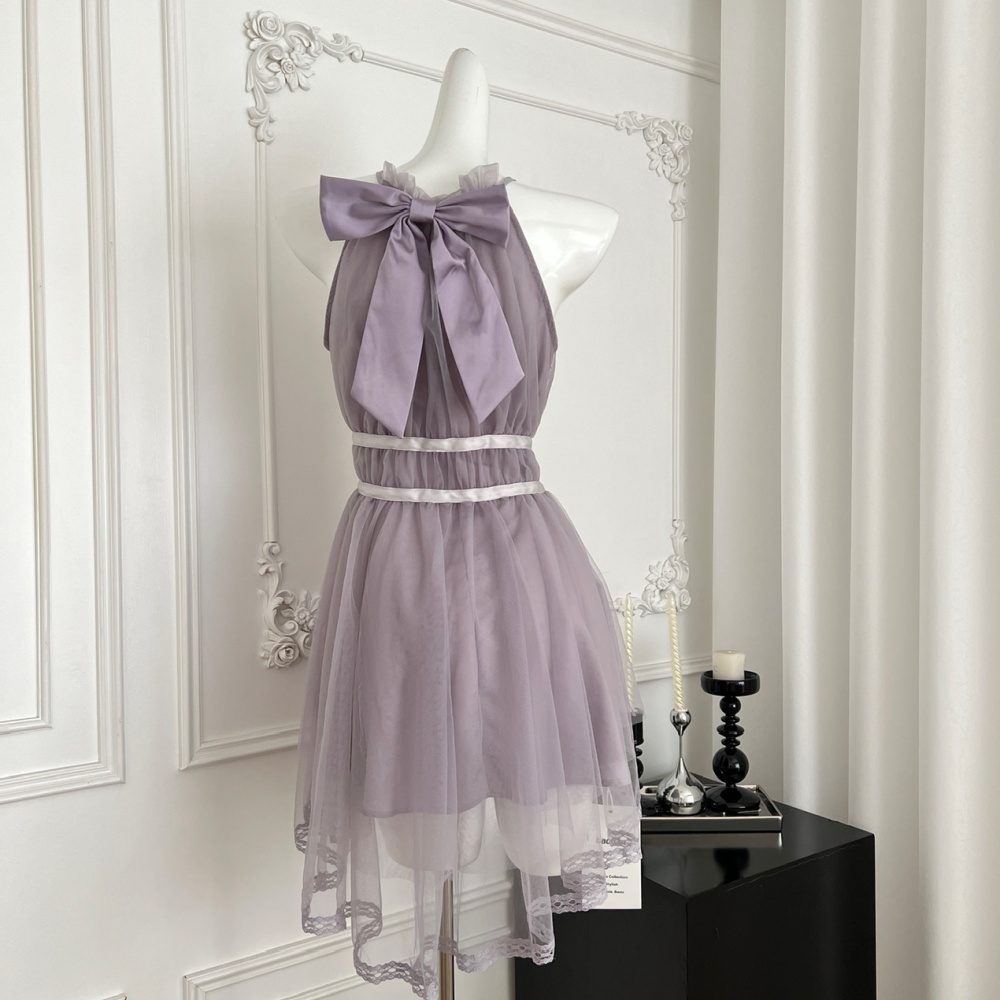 Bow irregular hem dress pink halter T-back