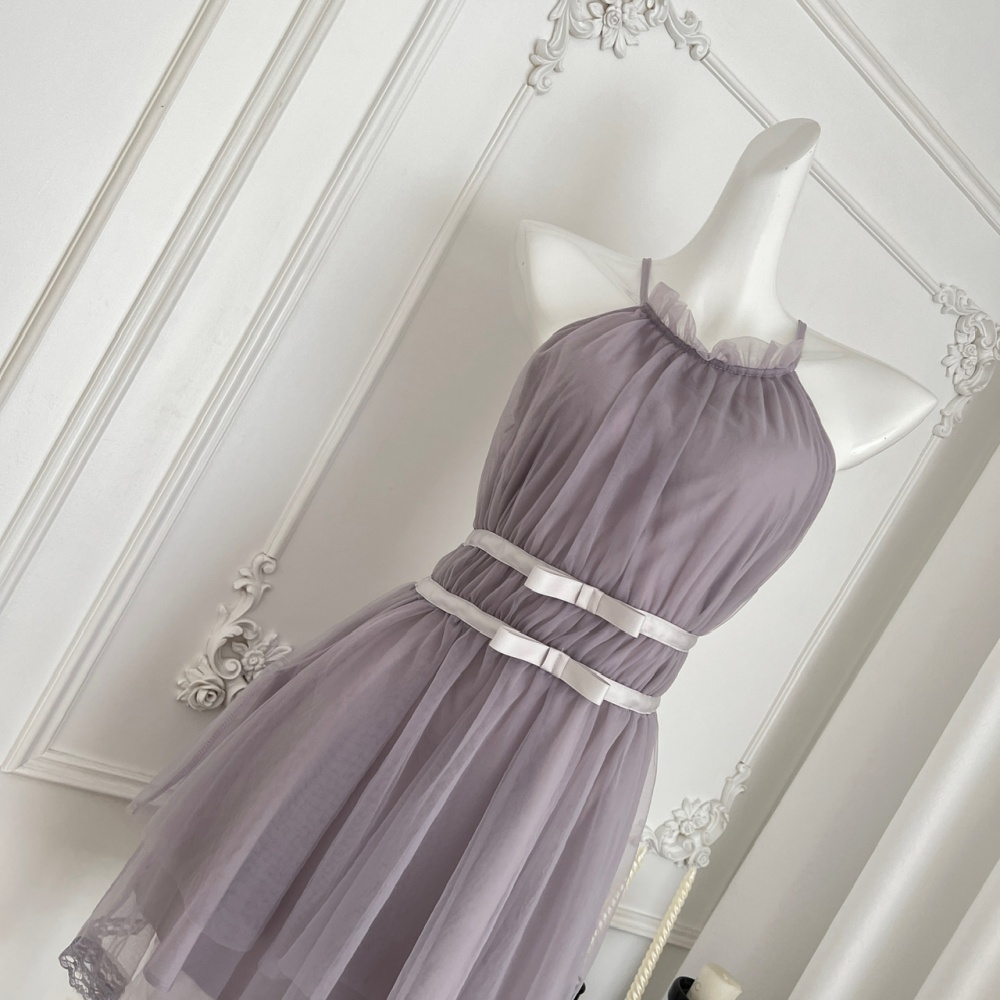 Bow irregular hem dress pink halter T-back