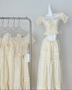 Vacation drawstring tops embroidery skirt