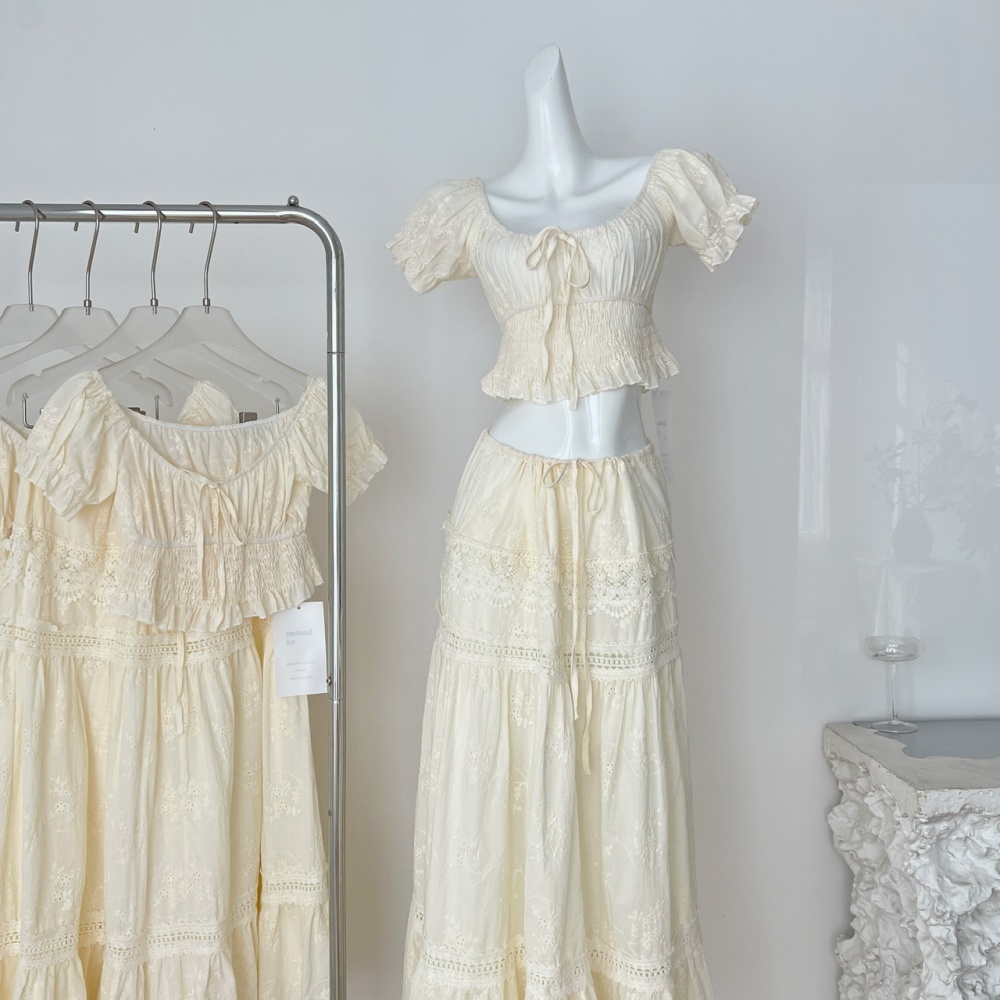 Vacation drawstring tops embroidery skirt