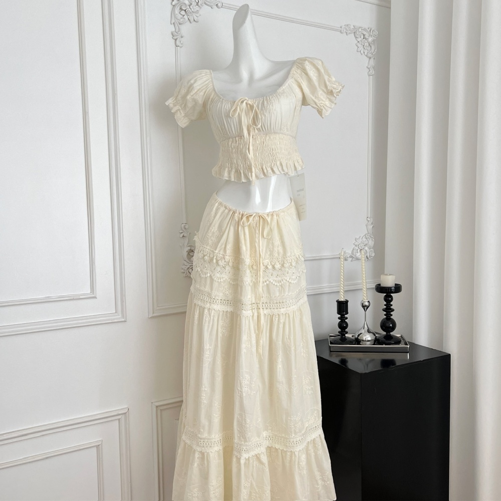 Vacation drawstring tops embroidery skirt