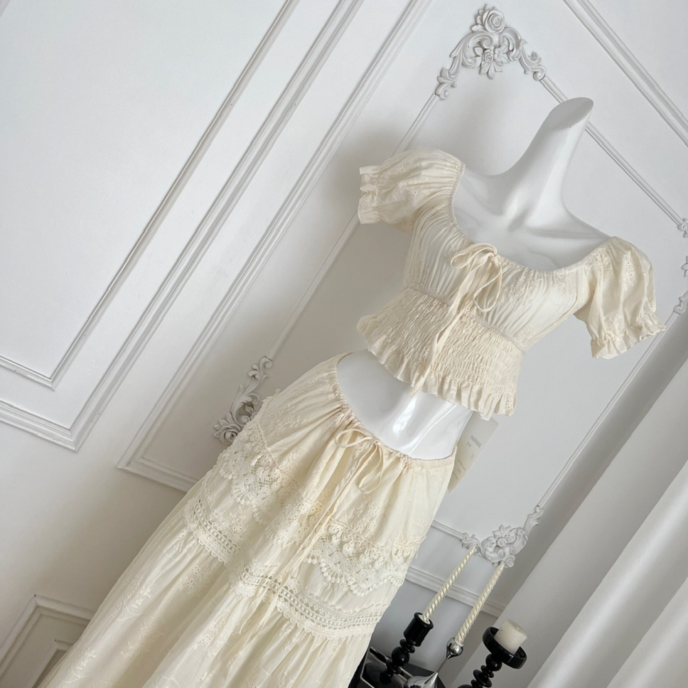 Vacation drawstring tops embroidery skirt