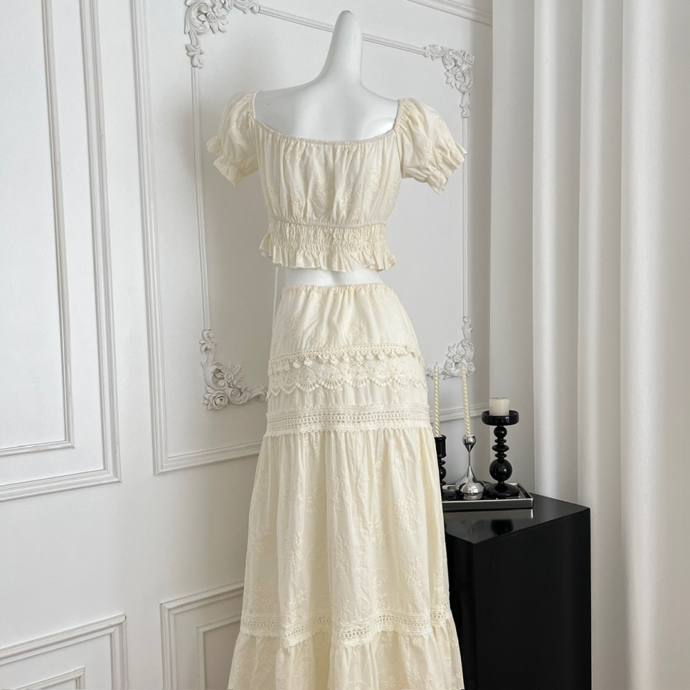 Vacation drawstring tops embroidery skirt