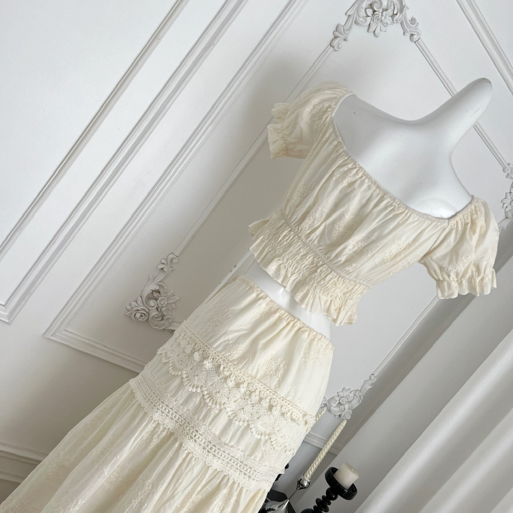 Vacation drawstring tops embroidery skirt