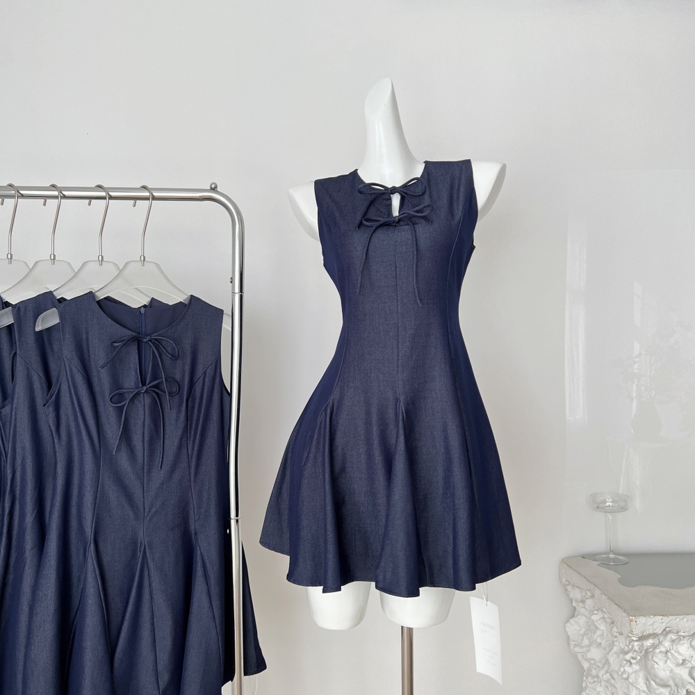 Pinched waist bow France style summer slim dress