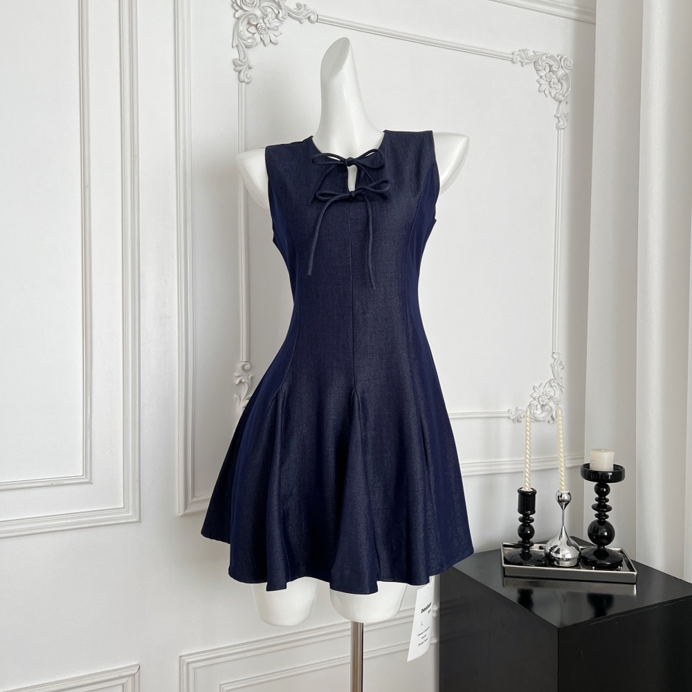 Pinched waist bow France style summer slim dress