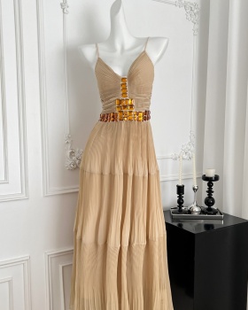 Sling khaki dress pinched waist long dress