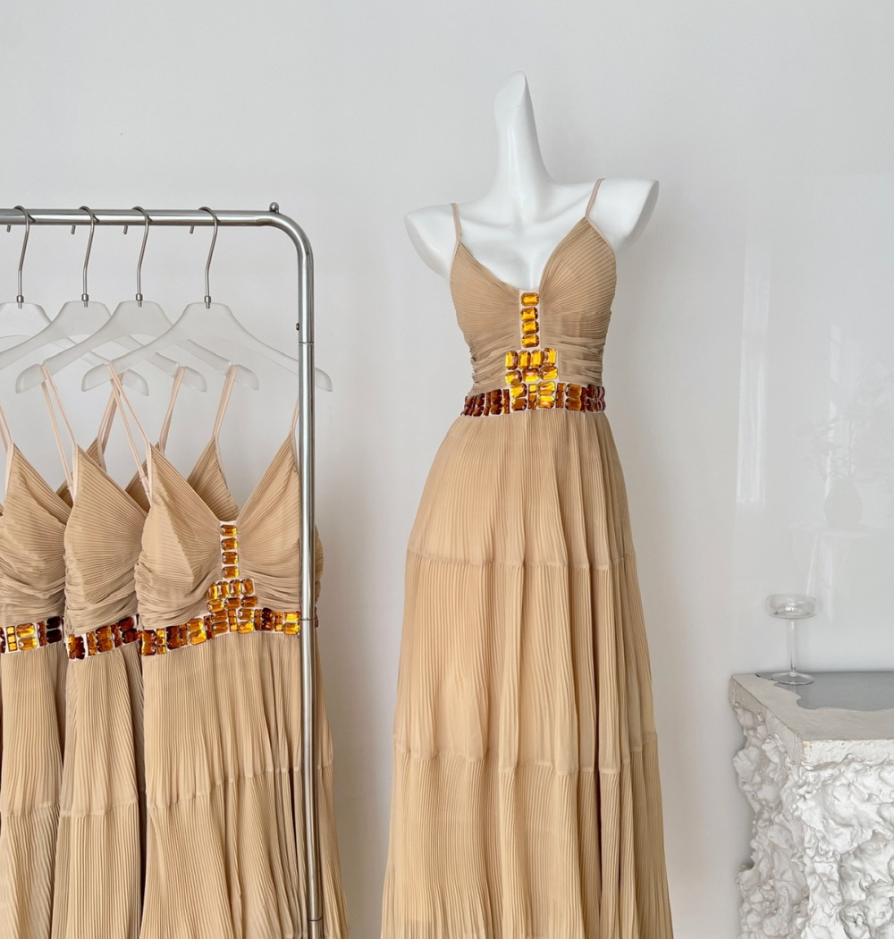 Sling khaki dress pinched waist long dress