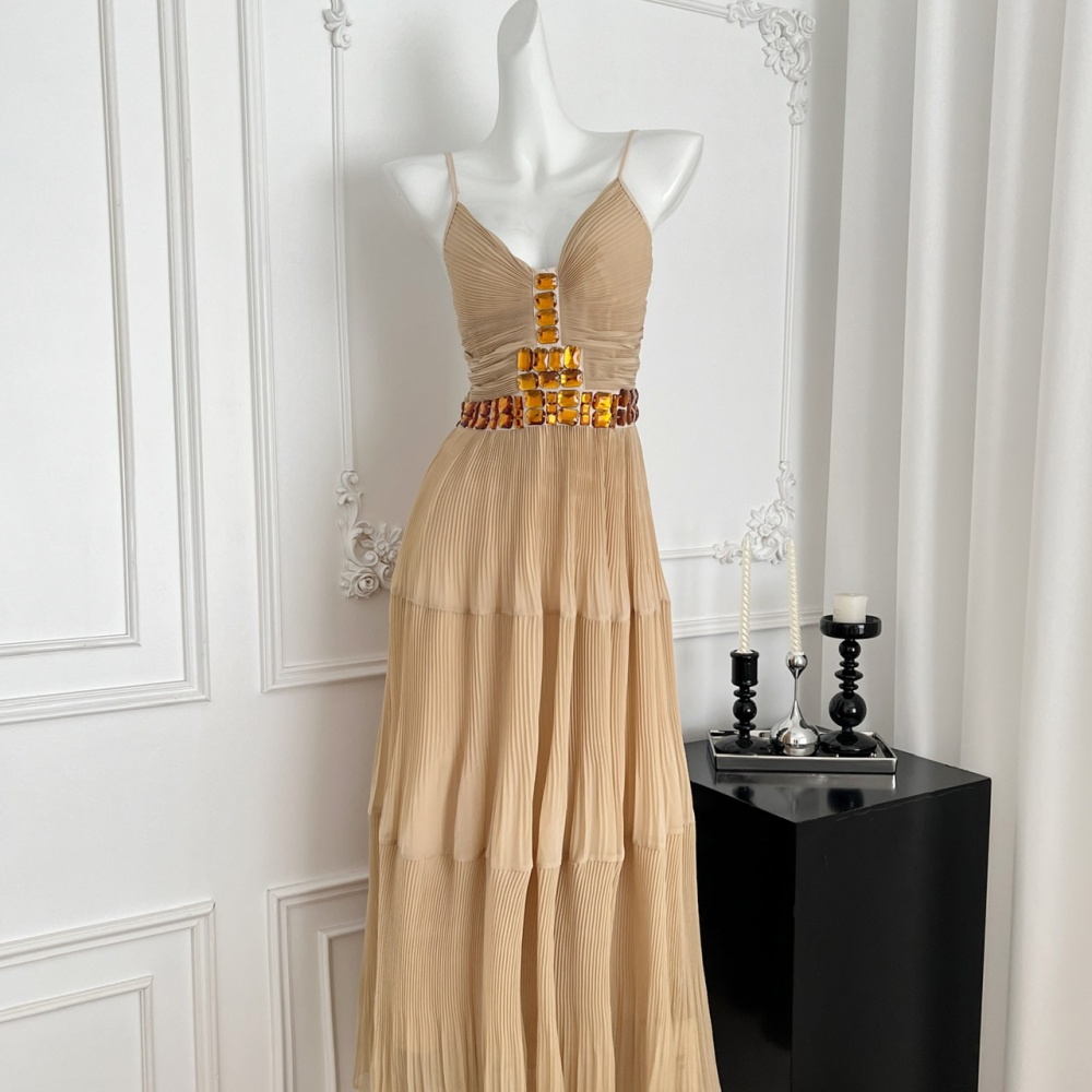 Sling khaki dress pinched waist long dress