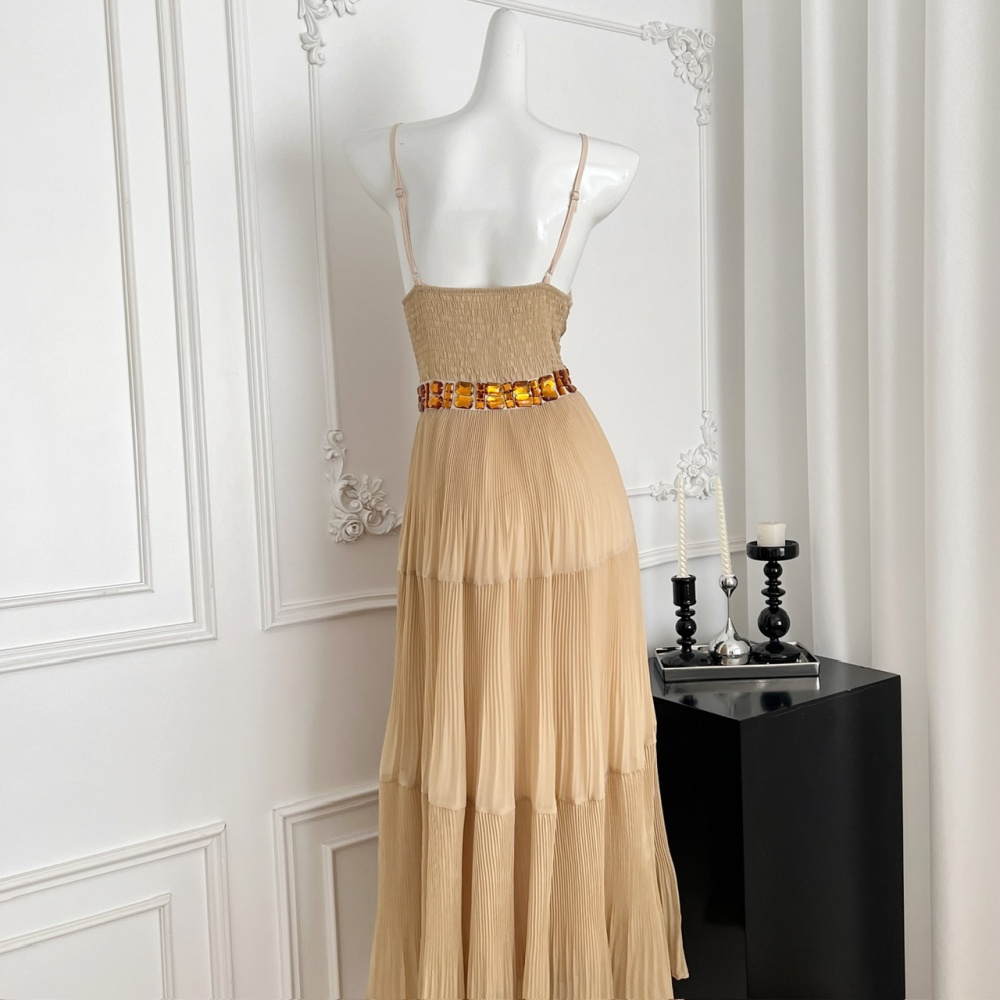 Sling khaki dress pinched waist long dress