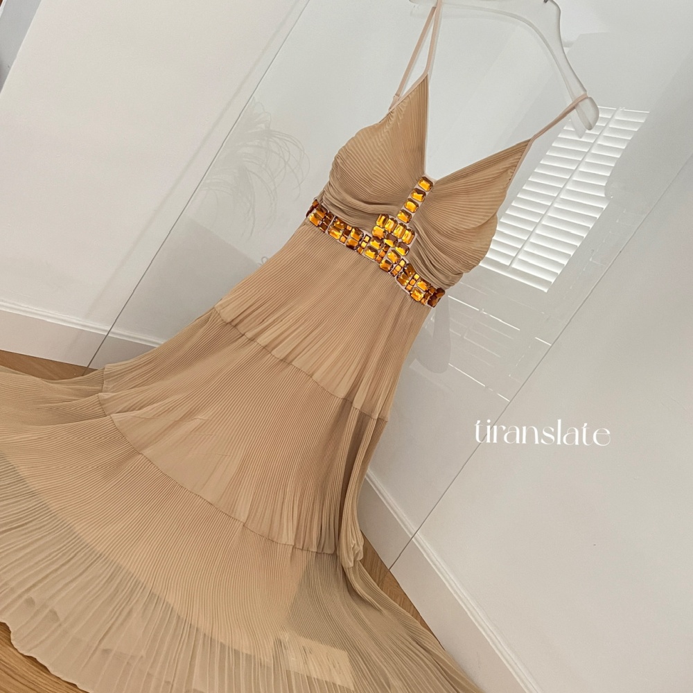 Sling khaki dress pinched waist long dress