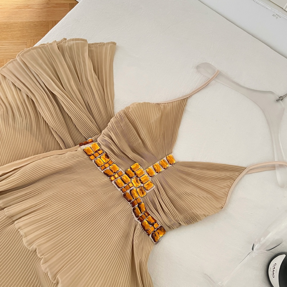 Sling khaki dress pinched waist long dress