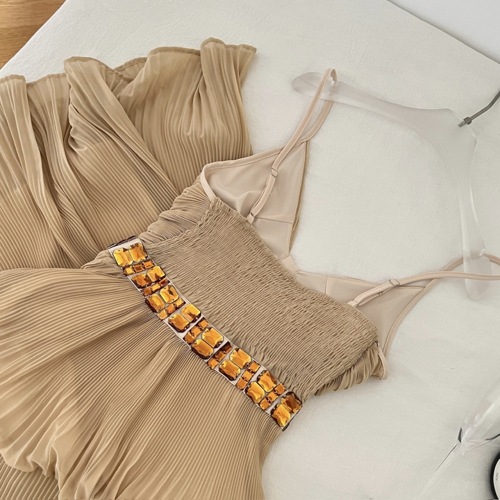 Sling khaki dress pinched waist long dress
