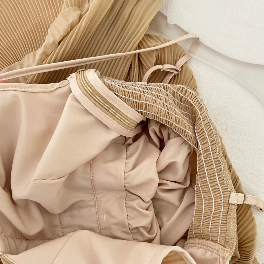 Sling khaki dress pinched waist long dress