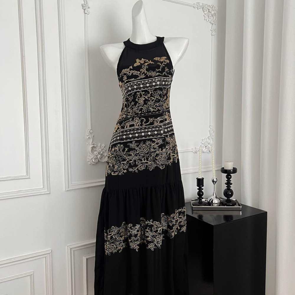 Chiffon beading light luxury summer embroidery sling dress