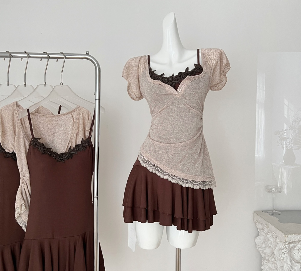 Summer lace enticement pinched waist dress 2pcs set