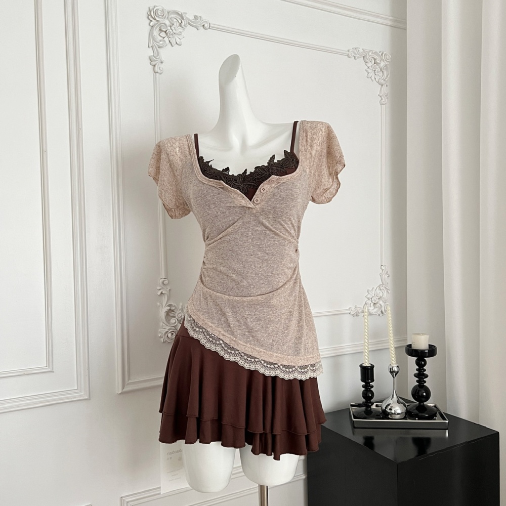 Summer lace enticement pinched waist dress 2pcs set
