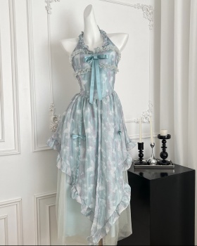 Halter sling pinched waist seaside vacation sweet dress