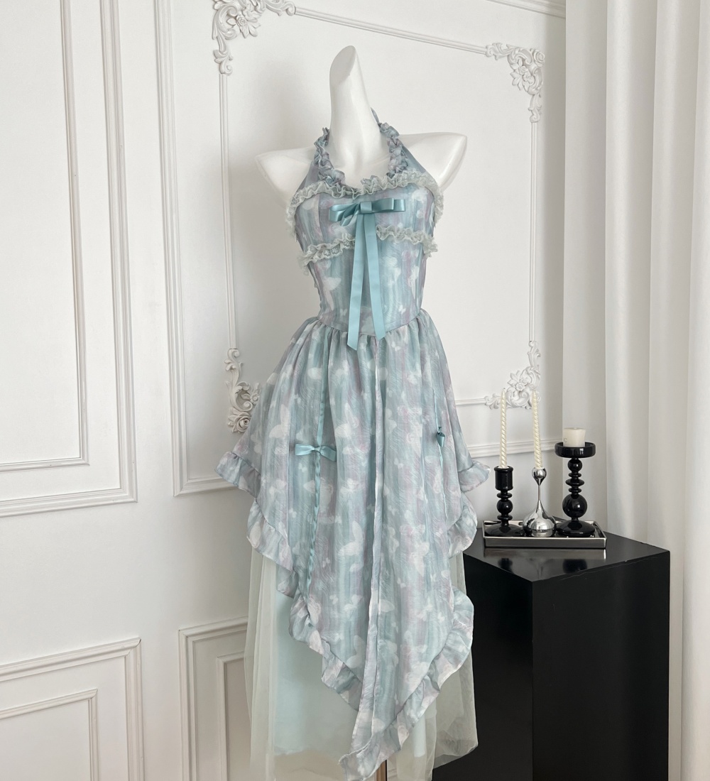 Halter sling pinched waist seaside vacation sweet dress