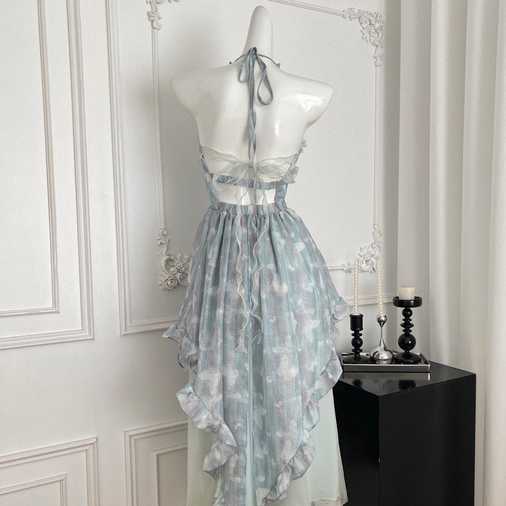 Halter sling pinched waist seaside vacation sweet dress