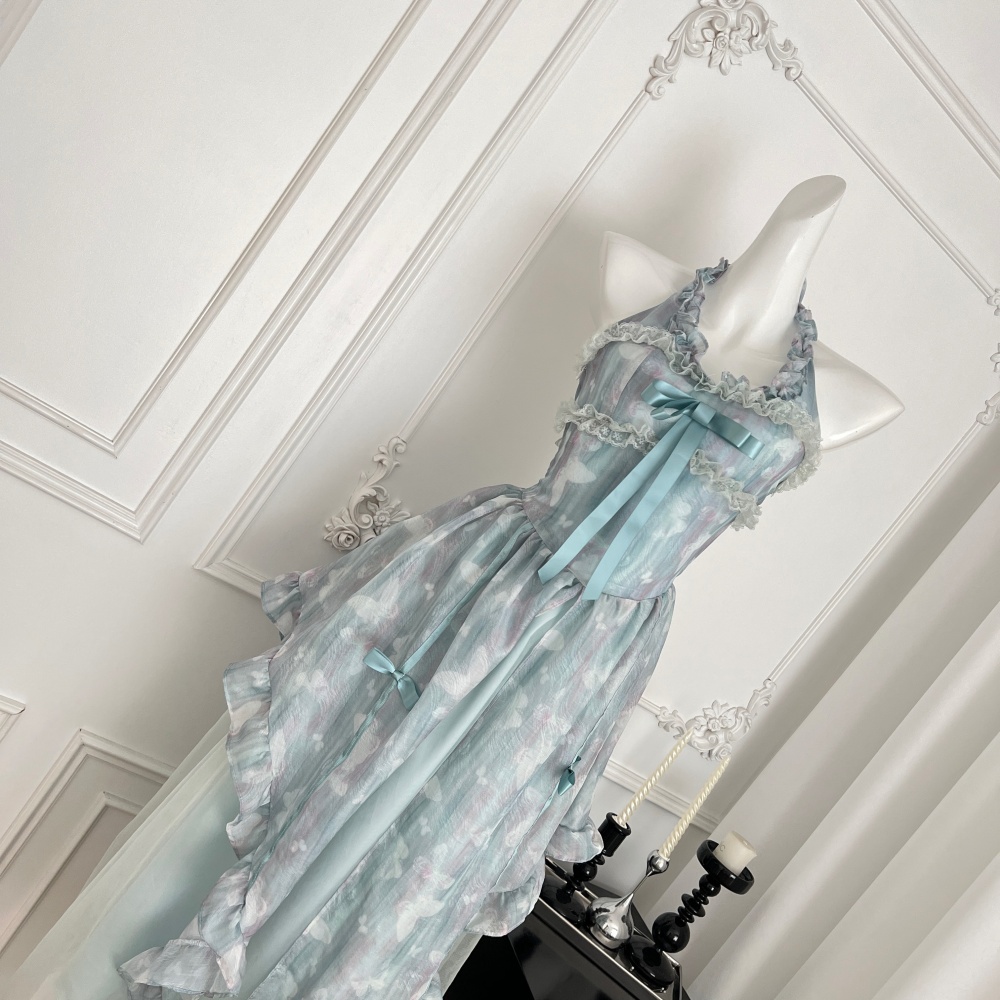 Halter sling pinched waist seaside vacation sweet dress