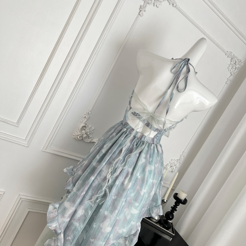 Halter sling pinched waist seaside vacation sweet dress