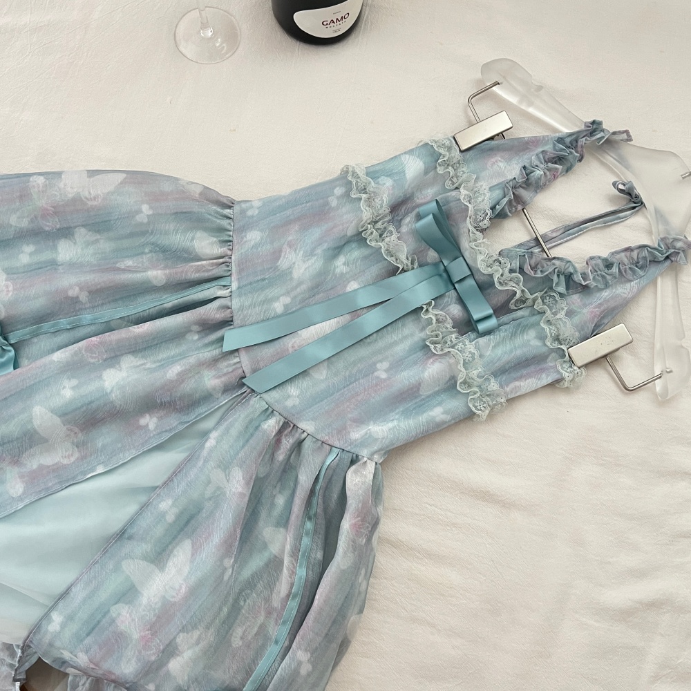 Halter sling pinched waist seaside vacation sweet dress