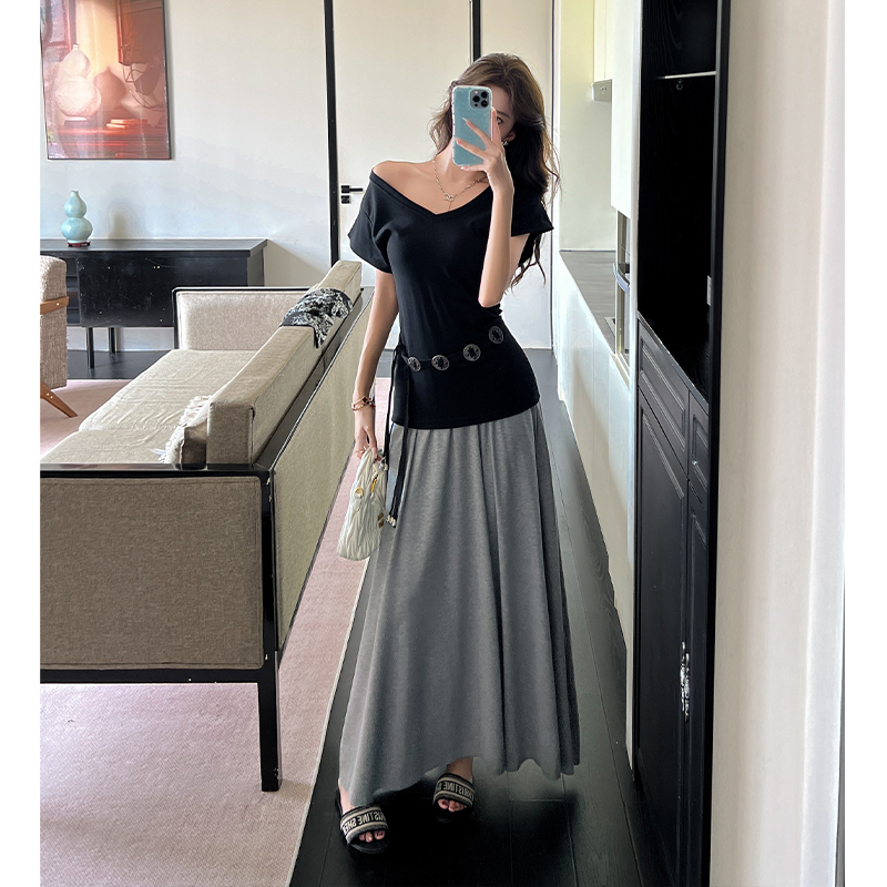 High waist slim T-shirt ladies skirt 2pcs set