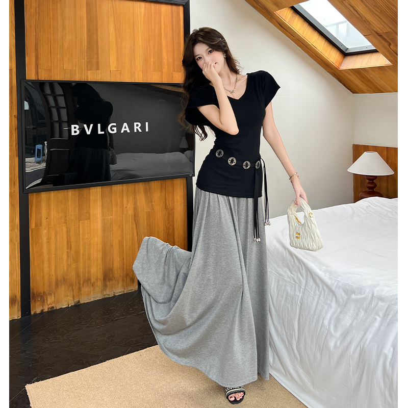 High waist slim T-shirt ladies skirt 2pcs set