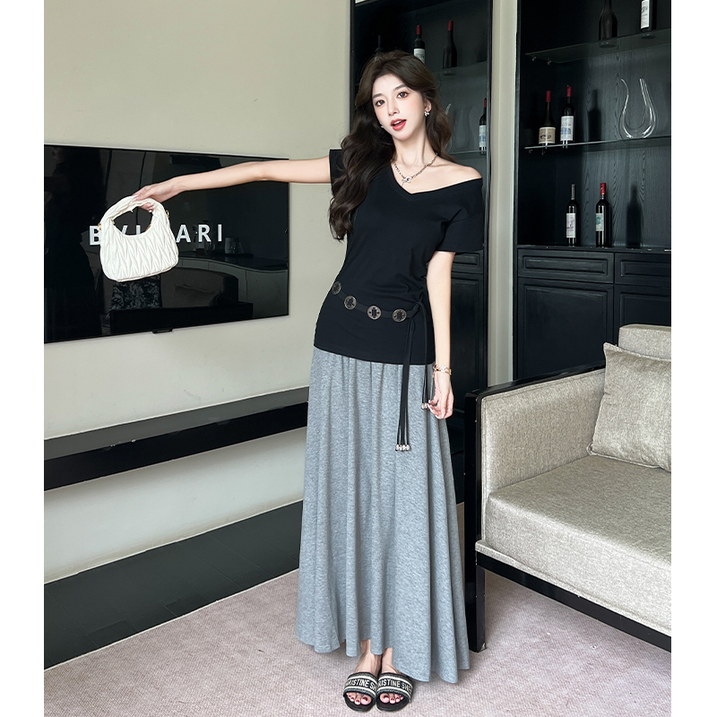High waist slim T-shirt ladies skirt 2pcs set