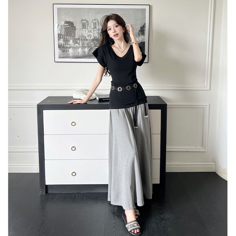 High waist slim T-shirt ladies skirt 2pcs set