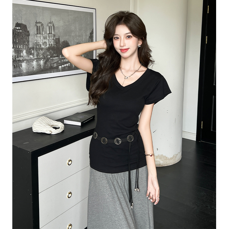 High waist slim T-shirt ladies skirt 2pcs set