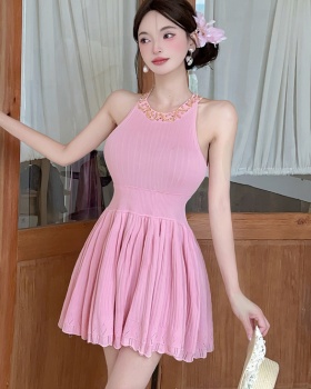 Light luxury knitted strap dress slim beading dress